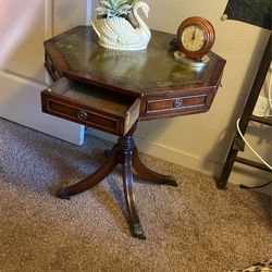 Antique Hexagon, Leather, Top Side Table With Wheels