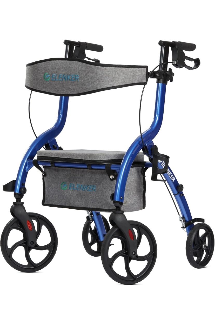 ELENKER Rollator Walker with Padded Seat and Backrest, Stylish Rolling Walker with 8" Wheels, (Blue)