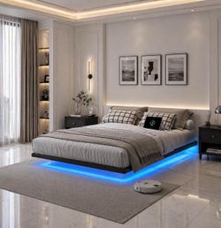 King SIZE Floating Bed Frame, Heavy Duty Bedframe with Smart LED Lights & Charging Station,
