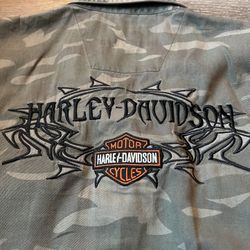 Harley Davidson Men Vest Cut Off Shirt Camo Denim Fringe Embroidery Button Medium