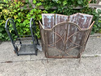 Metal Fireplace Screen and Log Holder Set