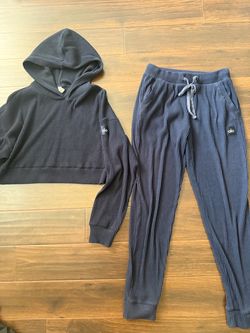 Alo Yoga Muse Crop Hoodie Jogger Set Ribbed Navy Blue Limited Edition S HTF GUC
