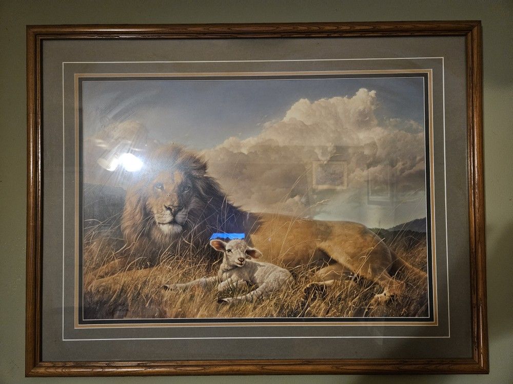 Large Framed Lion And Lamb Print Artwork