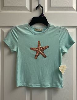 Brand new Girls mint ribbed starfish sequin top size 16 Kids
