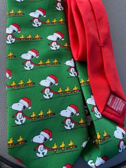 Peanuts Christmas Dress Tie with Snoopy in a Santa hat with Woodstock Christmas tree