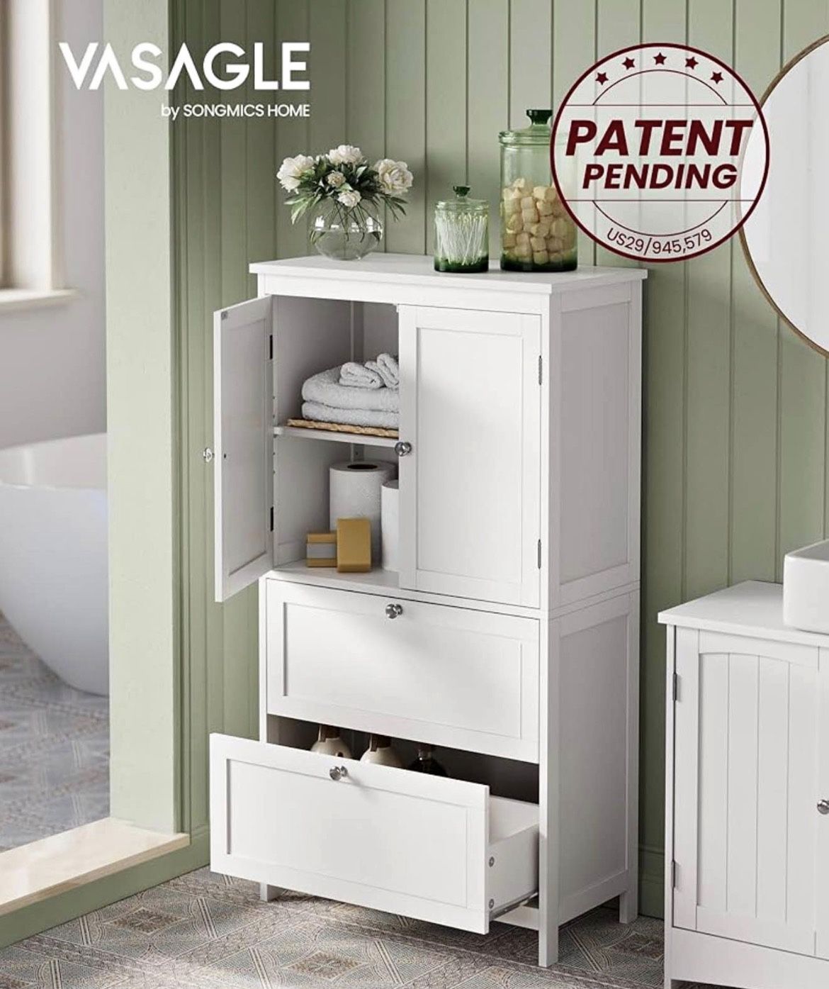 Freestanding Storage Unit with 2 Drawers and 2 Doors, Adjustable Shelf, 11.8 x 23.6 x 43.3 Inches, for Entryway, Ba