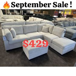 Beige Corduroy 3-Piece Reversible Sectional Set W/ Ottoman 105"W X 82"D X 35"H