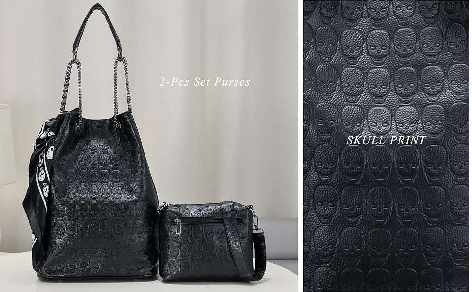 Women's Skull Print Hobo Tote PU Leather Shoulder Bag Punk Handbag and Purse