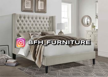 Queen Ivory Modern Wingback Button Tufted Bed w. Orthopedic Mattress included