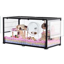 OIIBO Glass Hamster Cage 70 Gallon Large Hamster Cage Habitat with Mesh and Glass Side, 2 in 1 Chew-Proof Small Animal Cage for Reptiles, Dwarf Syrian