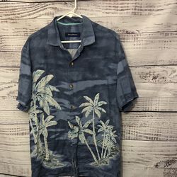 Tommy Bahama Button-Up Silk Blue Palm Trees Hawaiian Camp Shirt large