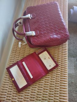 Estee Lauder Red Leather Basket Weave Satchel And Matching Wallet.