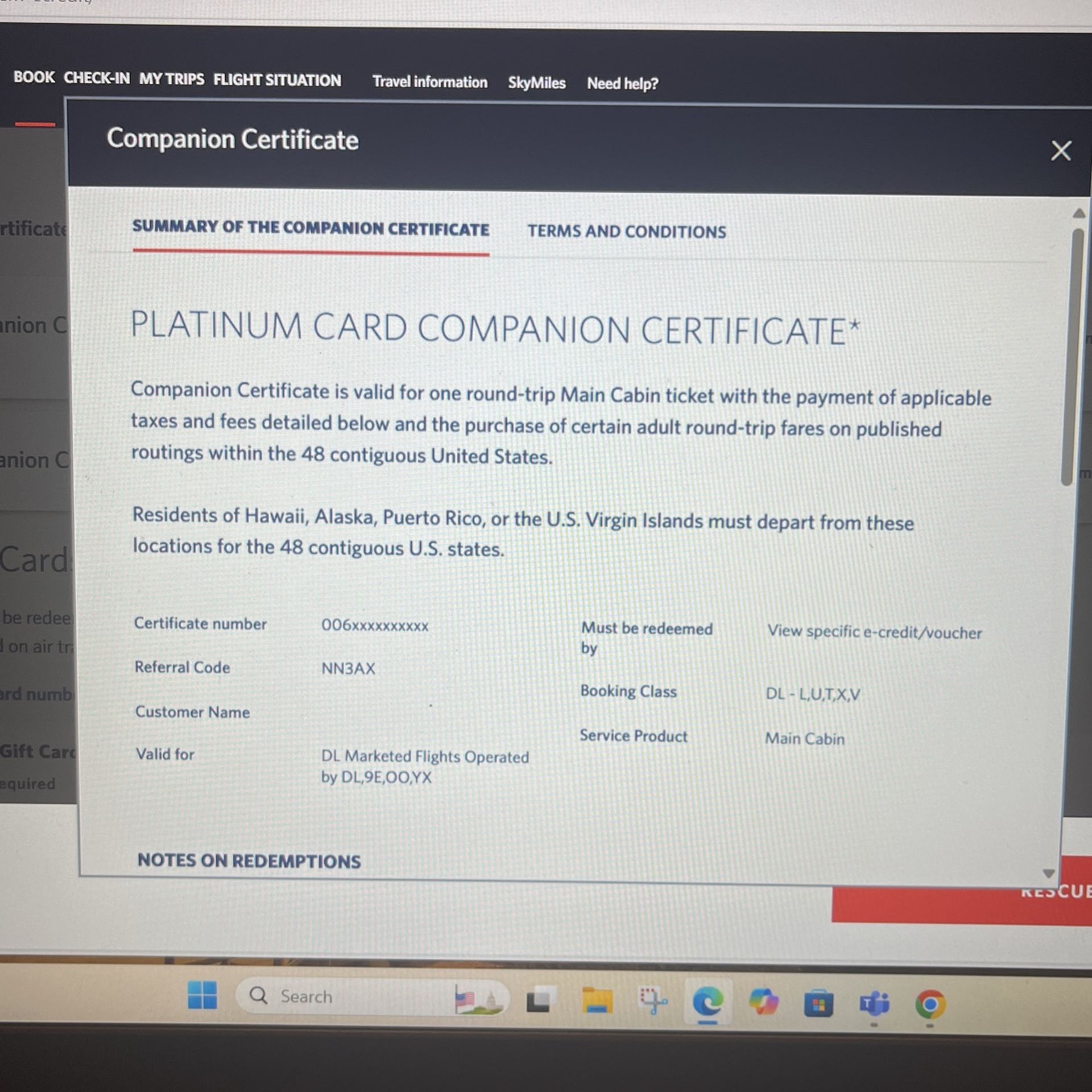 Platinum Card Companion Certificate