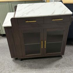 Kitchen Island with Extendable Dining Table, Marble Grain Countertop Island with Power Outlet, Rolling Storage Cart on Wheels with Storage Cabinet and