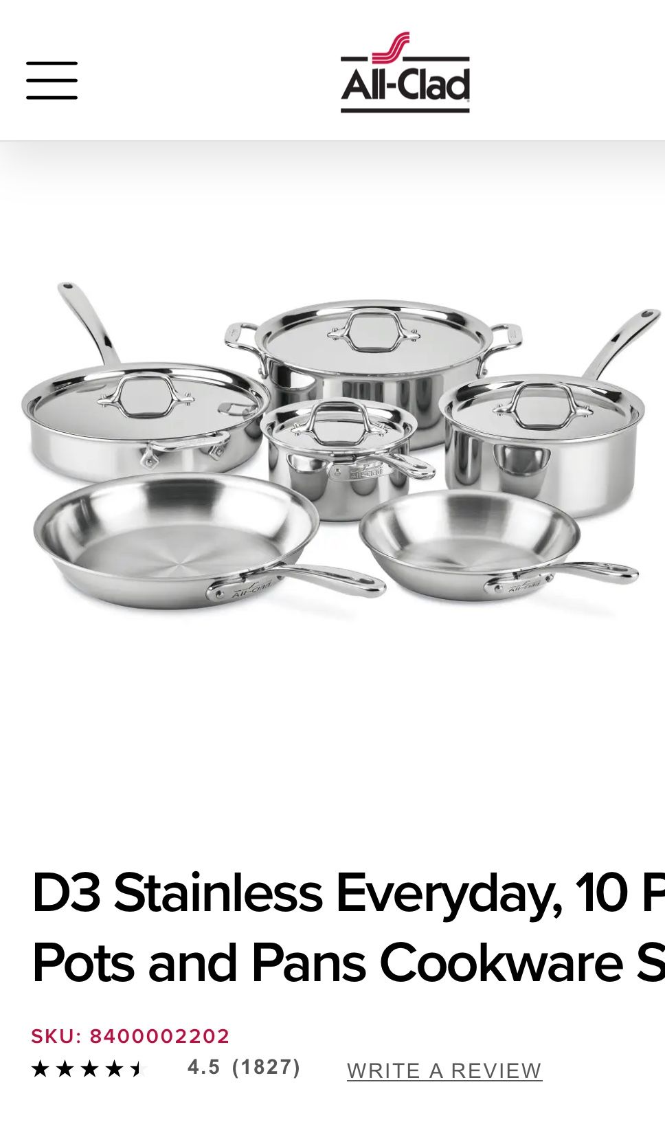 All Clad  D3 Stainless Steel 10 Piece Pots N Pans 