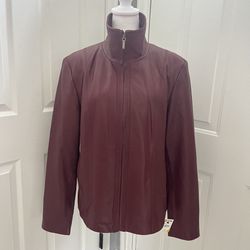 Reaction Kenneth Cole Women XL Genuine Leather Jacket Deep Red Zip Collar Lined