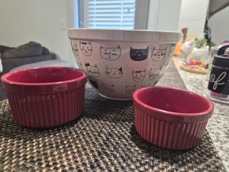 Cute Ceramic Cat Mixing Bowl + 2 Red Ramekins Set