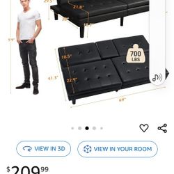 Black Leather  Futon Couch With usb