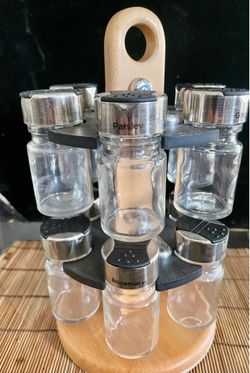 PRICE DROP~! Wooden Rotating 12 Glass Jar Spice Rack w/ Spice Labels & Wooden Rack Handle