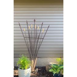 Cattail stakes, trellis, metal garden art