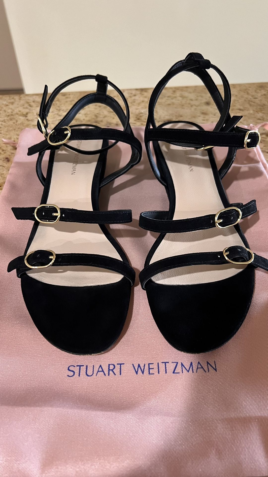 Stuart Weitzman Grecian Buckle Wedge Sandal (Women) Black Leather Suede Sz 7.5