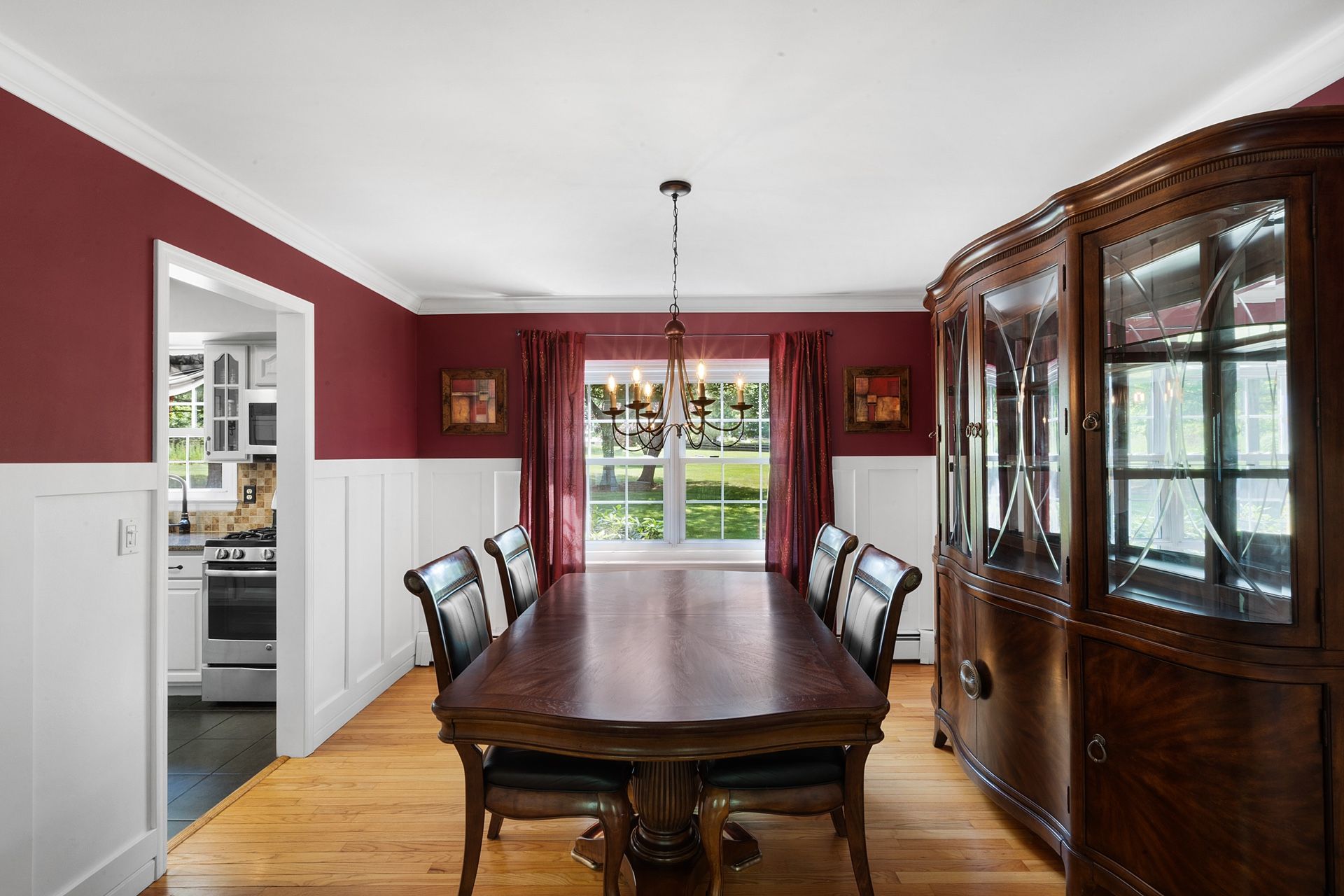 Collezione Europa Cherry (Solid Wood) Brown Dining Table & China cabinet. Pads. 2 Extentions. 2 Arm + 6 dining Chairs.
