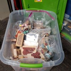 Bin Full Of Wooden Stamps For Arts And Crafts Or Scrapbook 