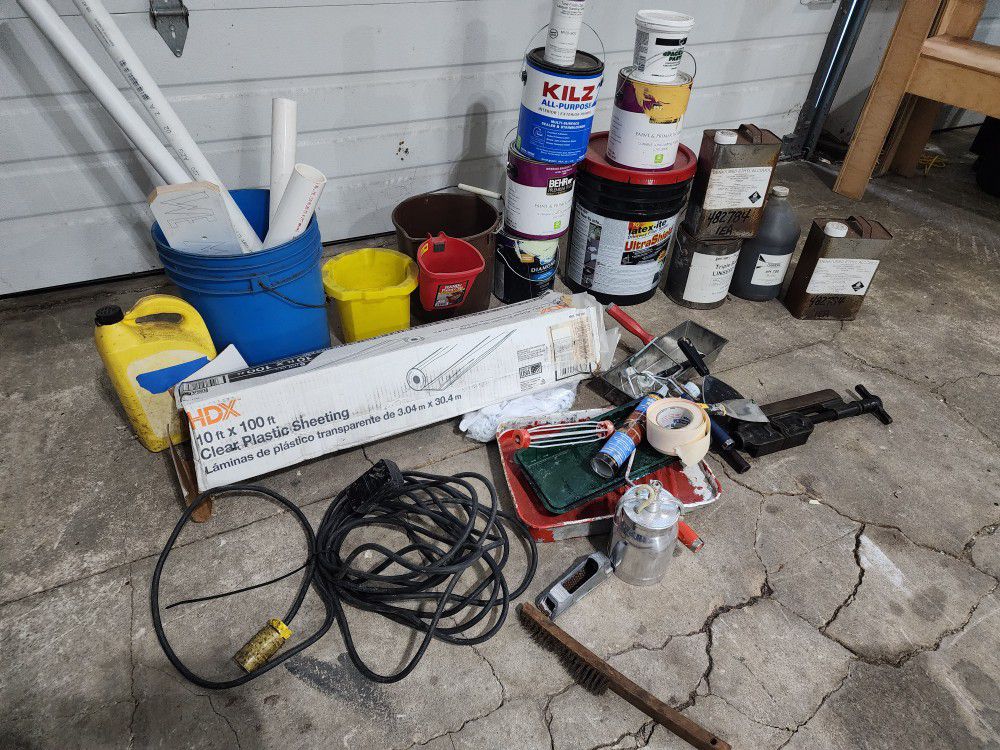 Leftover Latex Paint, Paint Supplies, Driveway sealer (almost full), Drywall tools, Extension Cord,