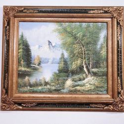 Spectcular Lake Mountains Forest Landscape Original Oil Painting Signed