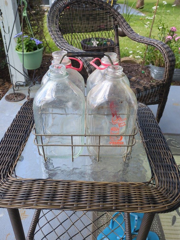 4 Vintage Milk Bottles With Carrier 