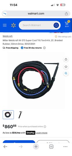 Weldcraft (No ratings yet) Miller Weldcraft W-375 Super Cool TIG Torch Kit, 25', Braided Rubber, 50mm Dinse, (contact info removed)01