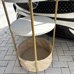 31.5” Tall Round Gold & White Modern 3 Shelf Table. Great As Nightstand, Storage Unit, Vanity Cabinet, In Closet Or Any Room. 