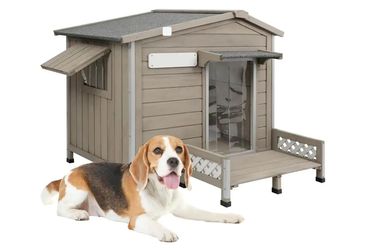 【PET67】Outdoor Dog House, Wooden Dog Kennel with Porch&Window for Medium Dog,34.8/38.8/40.6in,Grey