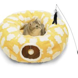 Cat Tunnel Bed for Indoor Cats,Soft Peekaboo Cave Cat Donut Tunnel with Washable Circle Cushion Central Mat, 3 Ways Shaped Round Pet Play Tunnel Toy f