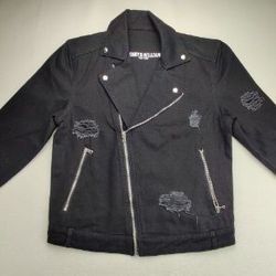 Medium Full Zip Black Distressed Denim Jacket

