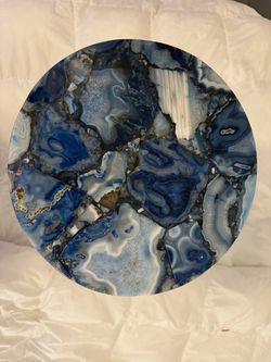 Blue Agate-Style Accent Table – Modern Spiral Metal Base