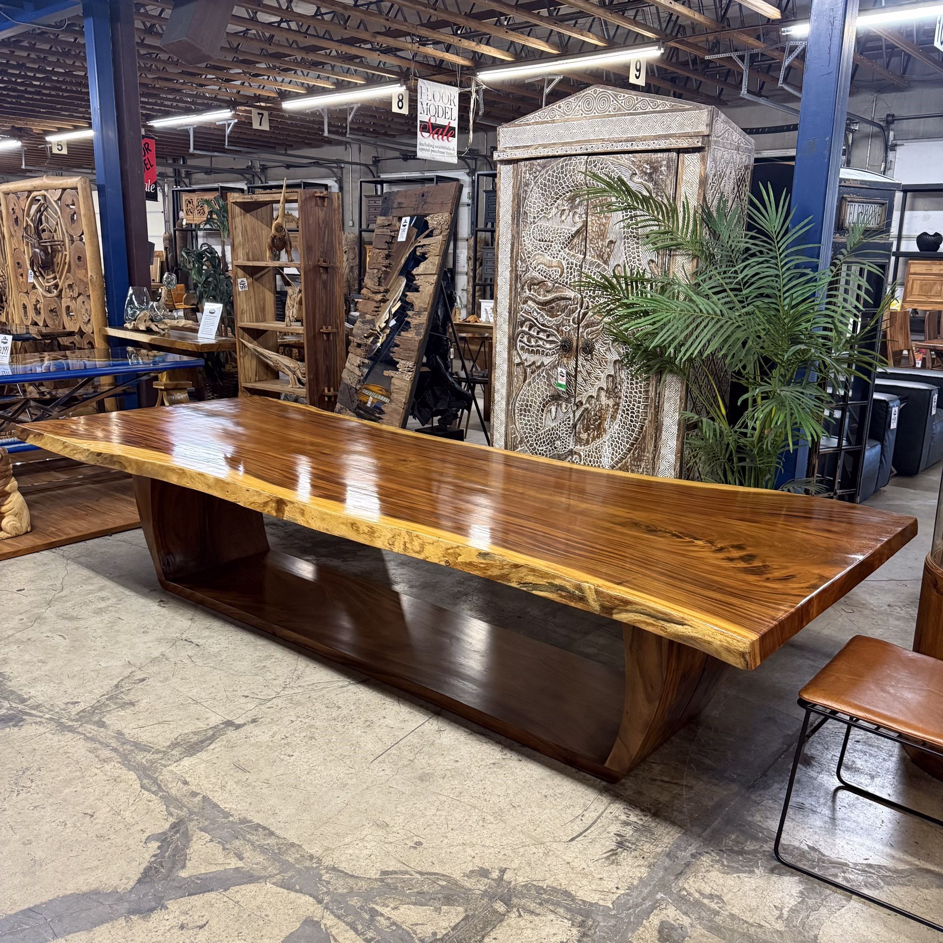 Solid Monkey Pod Wood Live Edge Conference Dining Table w Wood Base 