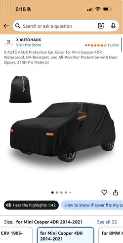 X AUTOHAUX Protective Car Cover for Mini Cooper 4DR - Waterproof, UV-Resistant, and All-Weather Protection with Door Zipper, 210D-PU Material