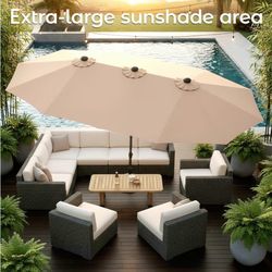 Patio Umbrella with Base,Large Double-Sided Rectangular Umbrella,Beige Outdoor Giant Triple Head Umbrella with Crank Handle,Market Umbrella for Poolsi