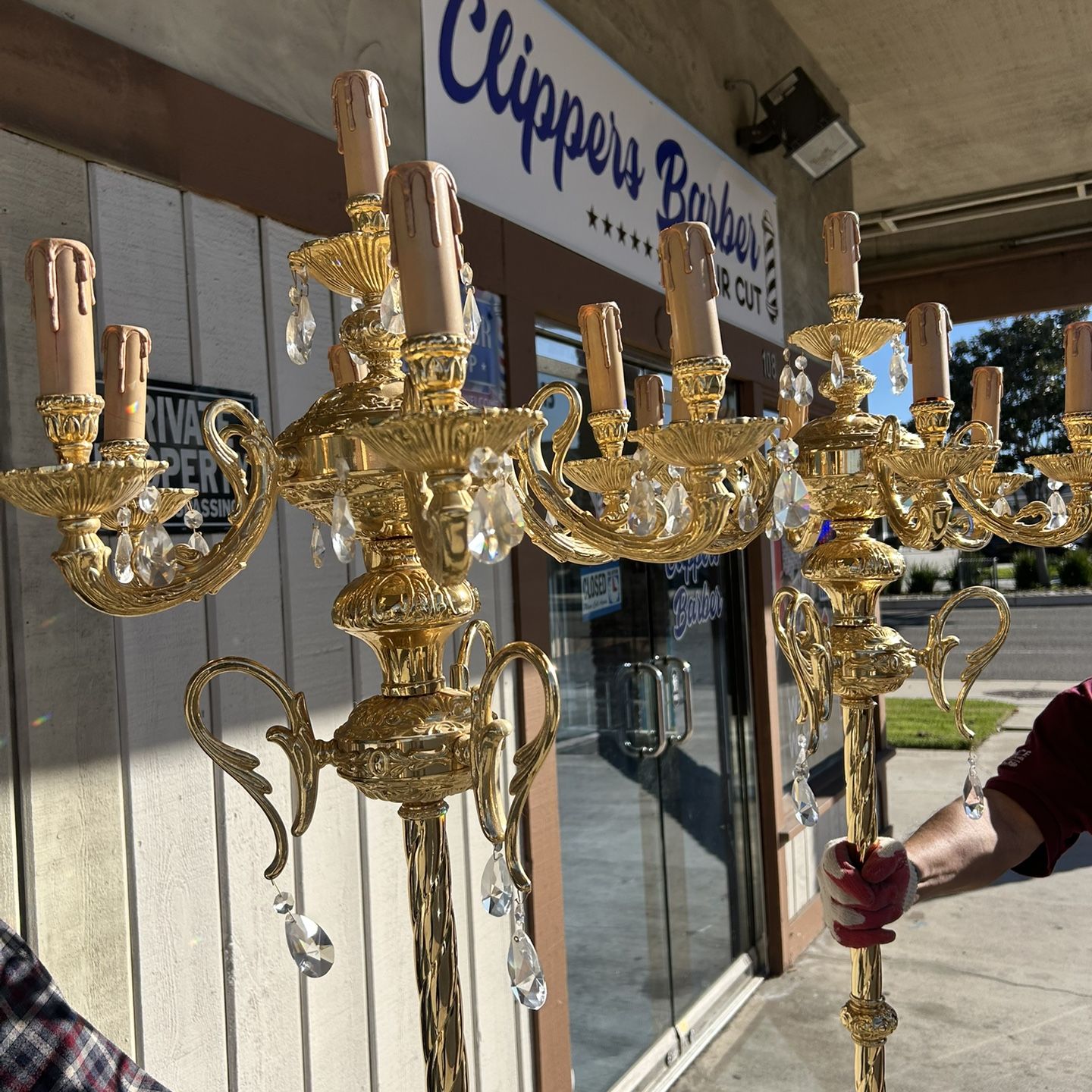 Vintage Antique pair of ornate brass candelabra floor lamps with crystal accent