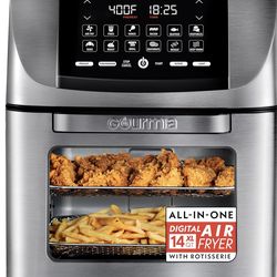 Gourmia Air Fryer - 14 Qt All-in-One Rotisserie Oven with Digital Display, 12 Presets, Roast, Bake, Broil, Dehydrate, Dishwasher Safe Accessories, Sta
