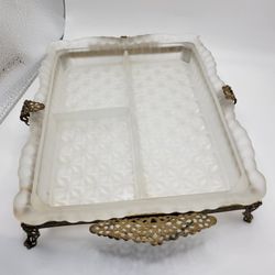 Vintage Clear Satin Glass Vanity Tray with Ornate Brass Footed Stand 10" x 7.5"