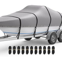 RVMasking Boat Cover, Ultra-Thick 1400D Polyester Canvas with Double PU Waterproof Coating, Fits 20-22ft Tri-Hull, V-Hull, Runabout, Fish & Ski Boat, 