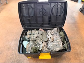 Box of old military gear - ruck, sleeping bag, vest, backpack, others see pics