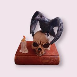 Ebros Raven Crow Perching On Skull with Ancient Book Jewelry Trinket Box 8.5"H


