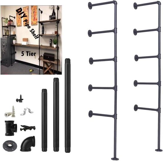New Five Tier Industrial Wall Mount Iron Pipe Shelf Shelving Bracket