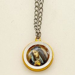 Vintage Religious Pendant Necklace Mother Mary Silver Tone 