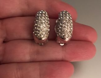Vintage Panetta Signed Half Hoop Diamanté Silver Plated Clip On Earrings 