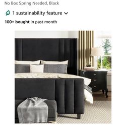 AMERLIFE King  Size Bed Frame, Velvet Upholstered Platform Bed with Vertical Channel Tufted Headboard & Footboard/Wingback, Mattress Foundation with W