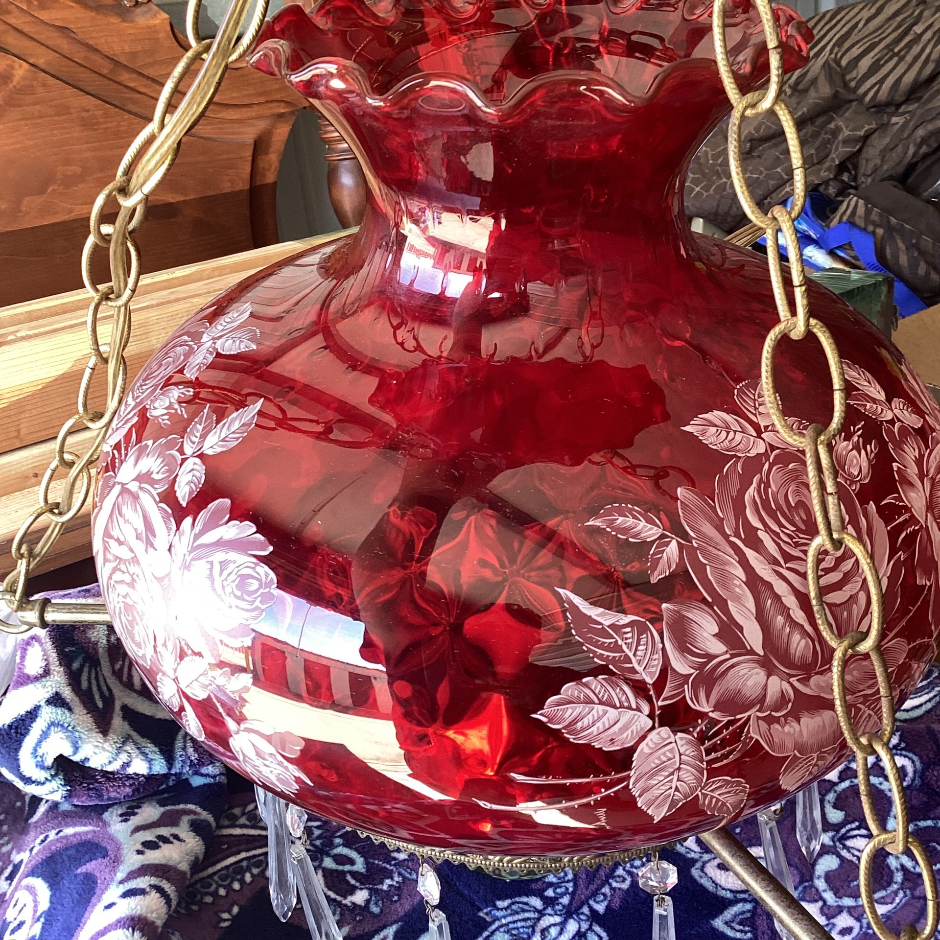 Antique Hanging Lamp 20”wide, Chandelier Hanging Crystals